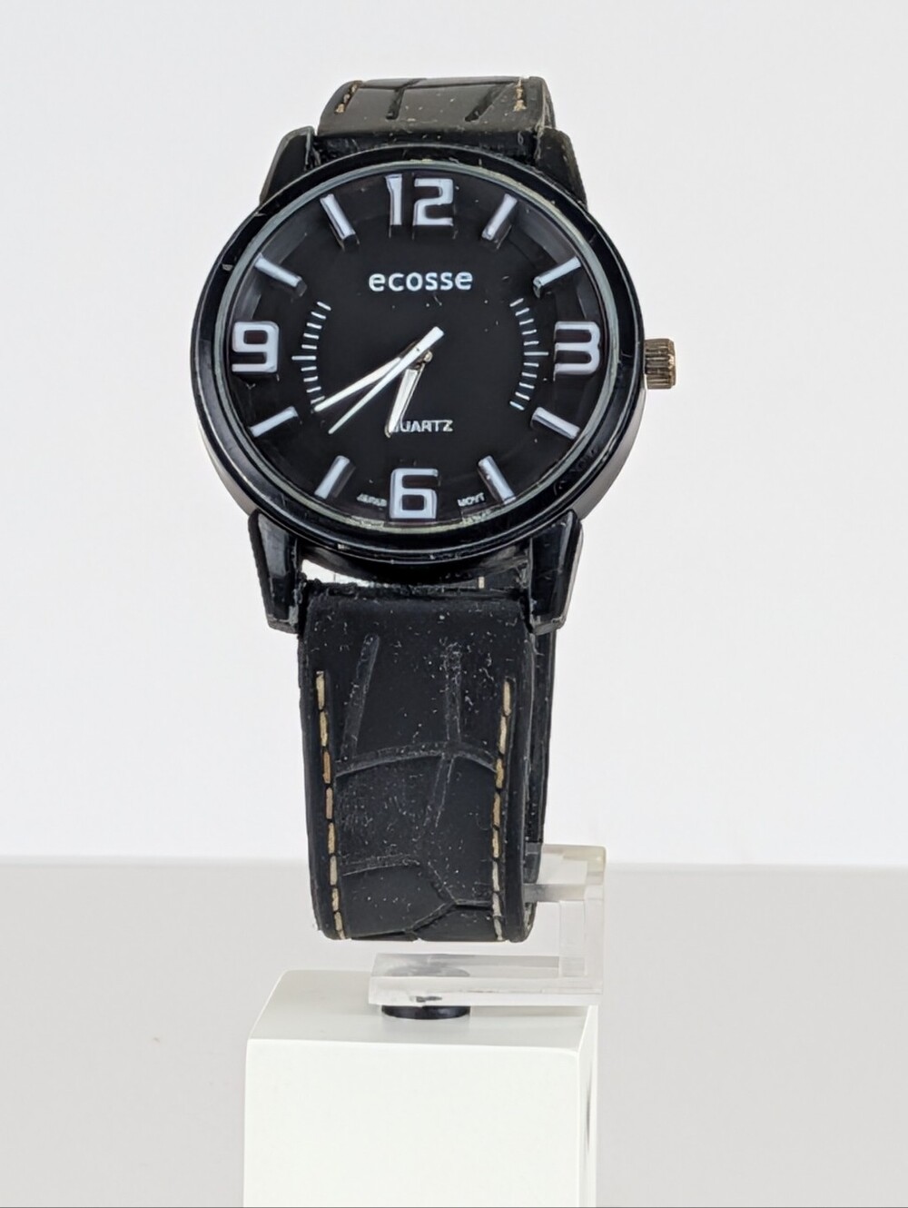 Ecosse Black Dial Quartz Wristwatch Black Faux Leather Strap Japan Movt